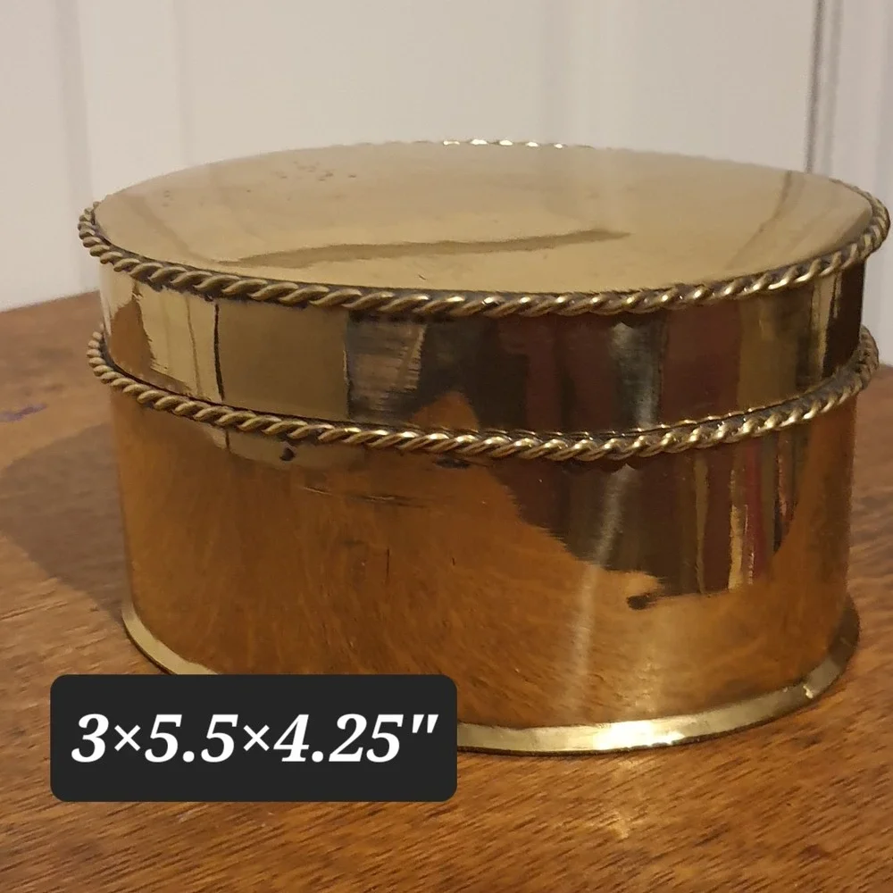 Vintage Oval Shape Hinged Lid Gold Tone Tin Trinket Box Braided Rim Detail *
